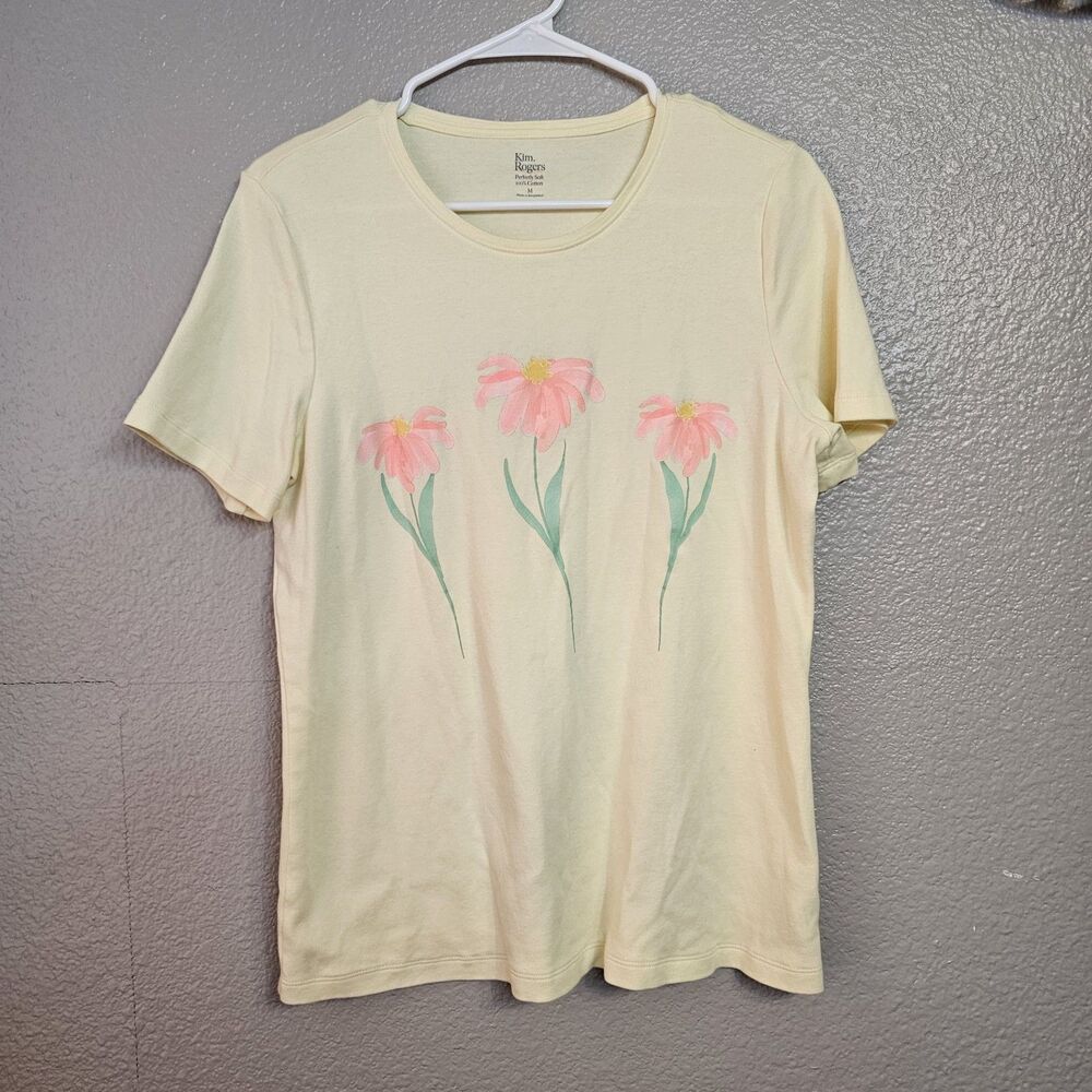 Kim Rogers Perfectly Soft Butter Yellow Floral Graphic T-Shirt Womens Med K149